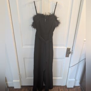 Black Feather Trim Jumpsuit